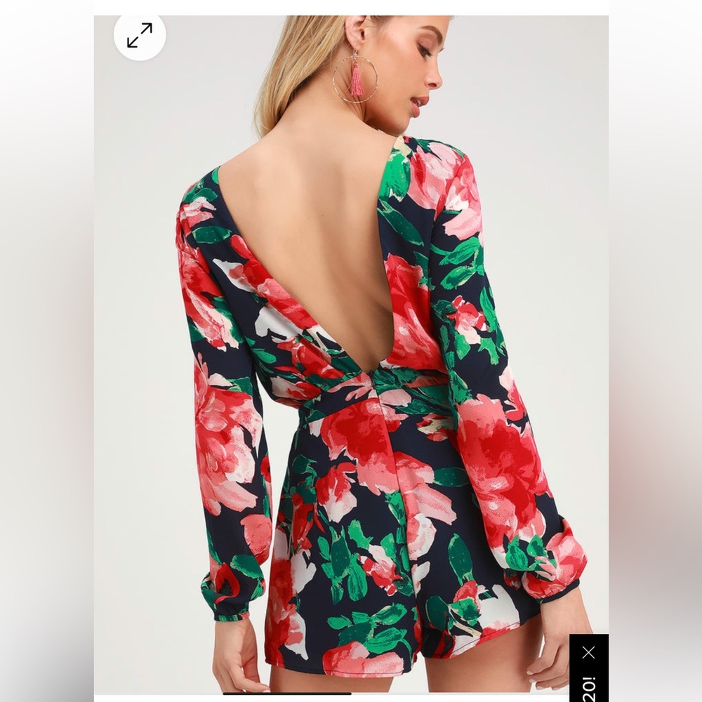 Lulu's Navy Floral Deep-V Back Long Sleeve Romper with Red & Green Print